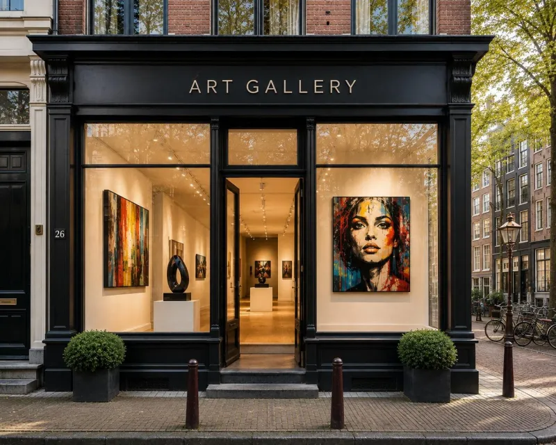 Gallery front with the words Art Gallery on a canal house