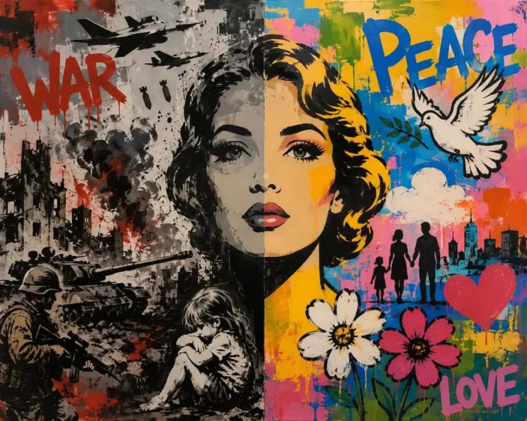 Pop art painting of a woman with the words War, Peace and Love