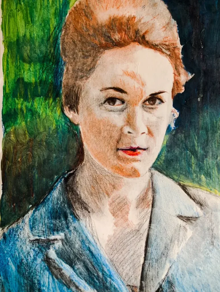 Painted portrait of a woman in warm colours