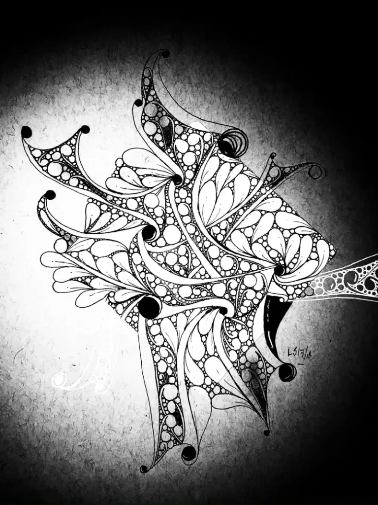 Black and white zentangle drawing with fine patterns