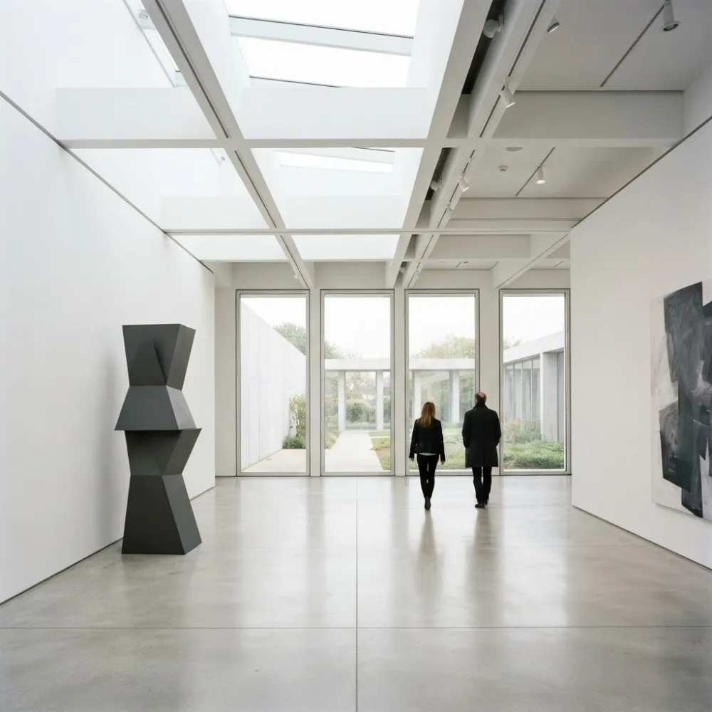 White gallery room with a sculpture and visitors looking at art