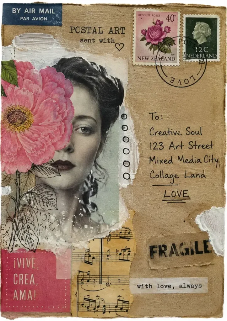 Collage of postal art and mail art postcards made by community members